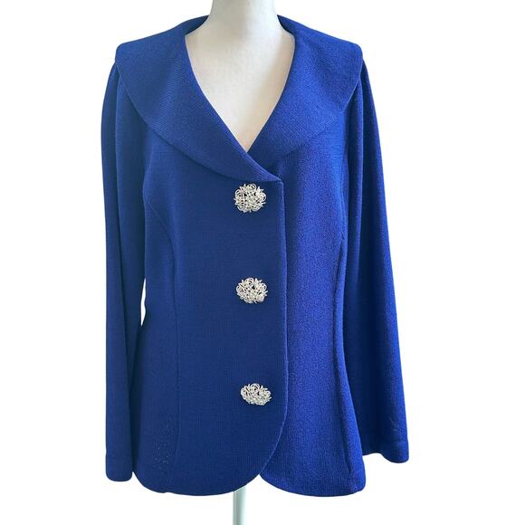 St. John Evening Marie Gray Royal Blue Santana Knit Blazer Skirt Set Sz 12 - Picture 2 of 14